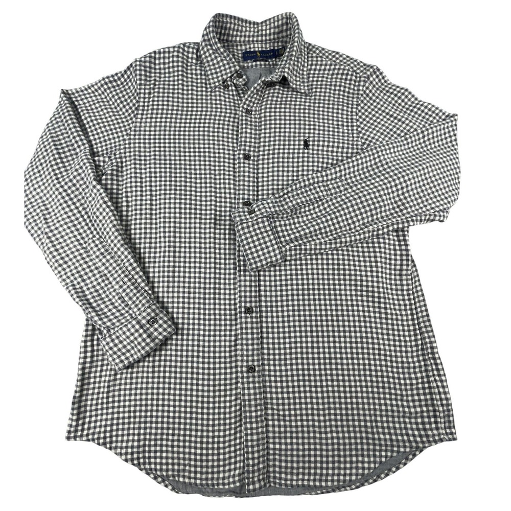 Ralph Lauren Button Down Mens L Grey Gingham Classic Fit Cotton Long Sleeve